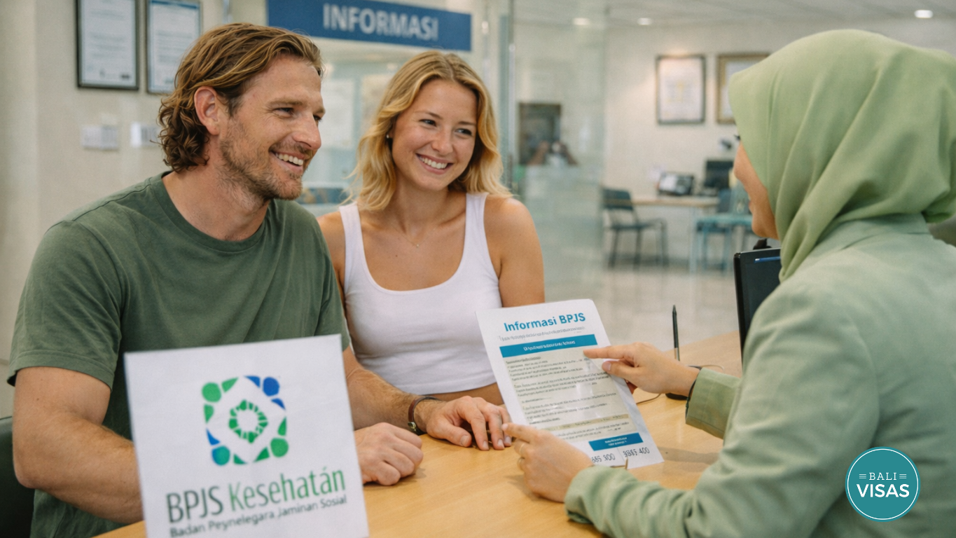 A foreign couple meets with a BPJS staff member at an information desk, reviewing BPJS Kesehatan documents.