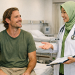 A smiling patient with a bandaged arm talks with a doctor in a green hijab in Indonesia.