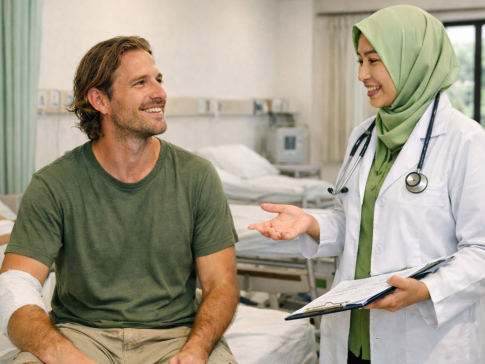 A smiling patient with a bandaged arm talks with a doctor in a green hijab in Indonesia.