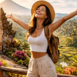 Smiling woman traveler in a sunhat with a backpack at a Bali temple gate overlooking lush rice terraces at sunrise