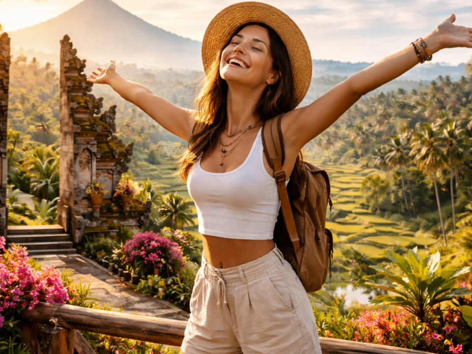 Smiling woman traveler in a sunhat with a backpack at a Bali temple gate overlooking lush rice terraces at sunrise