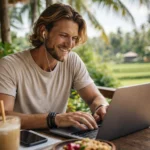 Digital nomad working on a laptop at an outdoor café surrounded by tropical greenery.