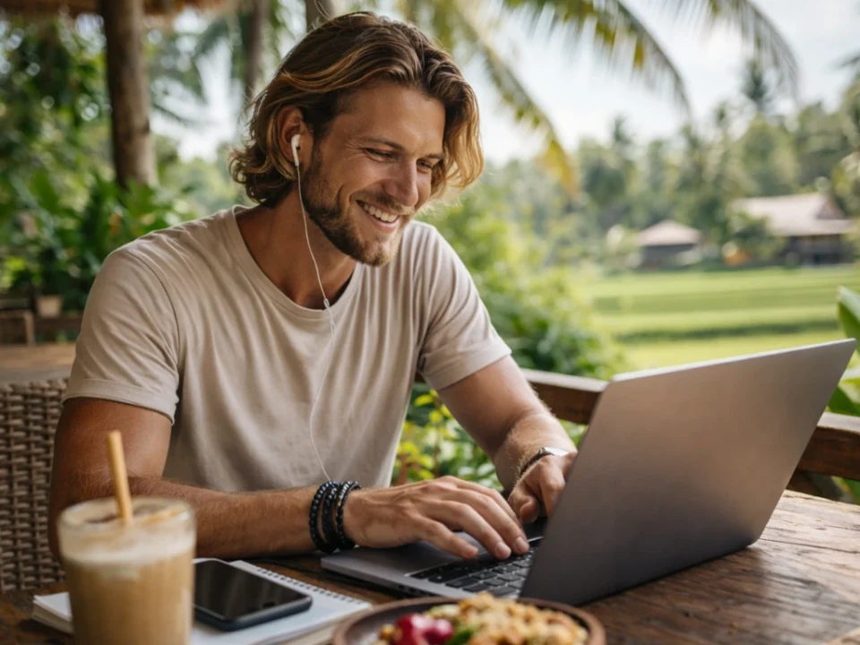 Digital nomad working on a laptop at an outdoor café surrounded by tropical greenery.